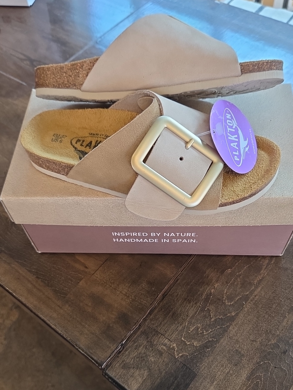 Plakton Size 6 Women's Beige Slide Leather Sandals with Buckle NEW